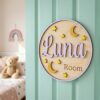 Personalized Wooden Name Sign For Nursery, Newborn Keepsake, Moon Star Nursery Decor, Custom Round Kids Room Door Plaque Wall Art, Newborn Keepsake - Style 5