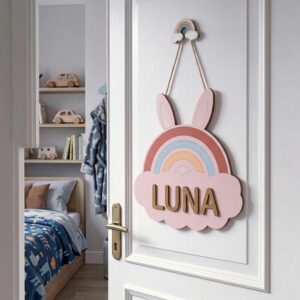 Personalized Wooden Name Sign For Nursery, Rainbow Nursery Decor, Custom Name Door Plaque For Kids Room Wall Art, Baby Shower Gifts, Newborn Keepsake - Style 2