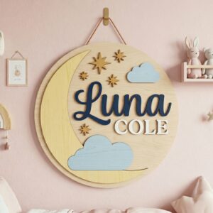 Personalized Wooden Name Sign For Nursery, Baby Shower Gifts, Newborn Keepsake, Moon Stars Cloud Wall Decor Kids Room Custom Wood Plaque Girl Boy Gift