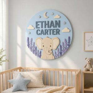 Personalized Wooden Name Sign For Nursery, Custom Elephant Moon Wood Wall Decor For Kids Room, Baby Shower Gifts, Newborn Keepsake