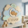 Personalized Wooden Name Sign For Nursery, Baby Shower Gifts, Newborn Keepsake, Custom Bear Moon Clouds Wood Wall Decor For Baby Boy Nursery, Wall Art