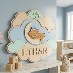 Personalized Wooden Name Sign For Nursery, Baby Shower Gifts, Newborn Keepsake, Custom Bear Moon Clouds Wood Wall Decor For Baby Boy Nursery, Wall Art