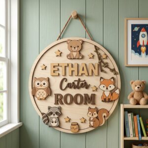 Personalized Wooden Name Sign For Nursery, Baby Shower Gifts, Newborn Keepsake, Custom Woodland Animals Wood Wall Decor For Kids Room Sign