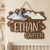 Personalized Wooden Name Sign For Nursery, Baby Shower Gifts, Newborn Keepsake, Custom Moon Clouds Shooting Stars Wood Wall Decor For Baby Boy Nursery