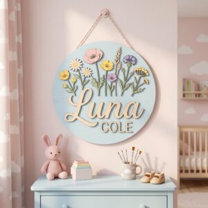 Personalized Wooden Name Sign For Nursery, Custom Wildflower Wood Wall Decor For Kids Room, Baby Shower Gifts, Newborn Keepsake