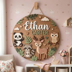 Personalized Wooden Name Sign For Nursery, Custom Woodland Animal Wooden Wall Sign For Kids Room, Baby Shower Gifts, Newborn Keepsake