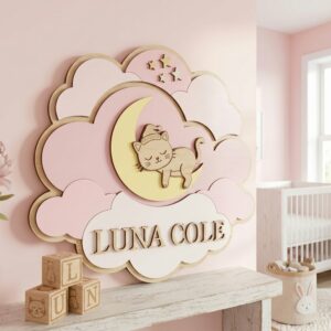Personalized Wooden Name Sign For Nursery, Baby Shower Gifts, Newborn Keepsake, Custom Cat Moon Clouds Wood Wall Decor For Baby Girl Nursery, Wall Art