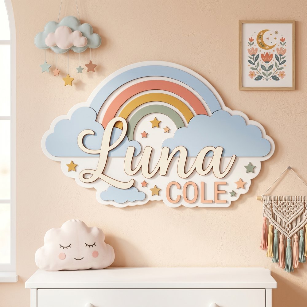 Personalized Wooden Name Sign For Nursery, Baby Shower Gifts, Newborn Keepsake, Custom Pastel Rainbow Cloud Wood Wall Decor For Baby Girl Nursery Sign