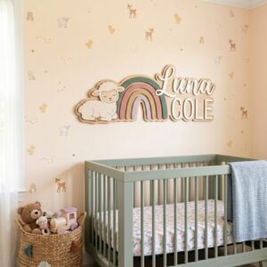 Personalized Wooden Name Sign For Nursery, Baby Shower Gifts, Newborn Keepsake, Custom Sleeping Lamb Rainbow Wood Wall Decor For Baby Girl Nursery Art