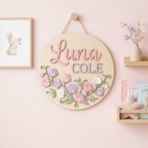 Personalized Wooden Name Sign For Nursery, Custom Sweet Pea Floral Wood Wall Decor For Kids Room, Baby Shower Gifts, Newborn Keepsake
