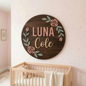 Personalized Wooden Name Sign For Nursery, Baby Shower Gifts, Newborn Keepsake, Rose Floral Dark Wood Wall Decor Baby Girl Room Custom Plaque Gifts