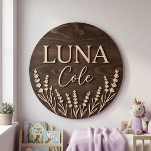Personalized Wooden Name Sign For Nursery, Baby Shower Gifts, Newborn Keepsake, Custom Lavender Floral Wood Wall Decor For Baby Girl Nursery