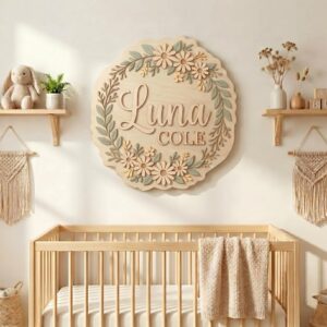 Personalized Wooden Name Sign For Nursery, Baby Shower Gifts, Newborn Keepsake, Custom Daisy Floral Wreath Wood Wall Decor For Kids Room