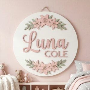 Personalized Wooden Name Sign For Nursery, Baby Shower Gifts, Newborn Keepsake, Custom Blush Lily Floral Wood Wall Decor For Baby Girl Nursery