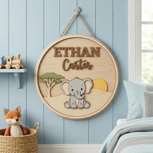 Personalized Wooden Name Sign For Nursery, Baby Shower Gifts, Newborn Keepsake, Custom Elephant Safari Wood Wall Decor For Baby Boy Nursery