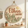 Personalized Wooden Name Sign For Nursery, Baby Shower Gifts, Newborn Keepsake, Custom Cactus Succulent Wood Wall Decor For Baby Boy Nursery, Wall Art