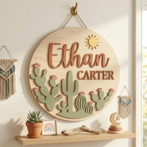 Personalized Wooden Name Sign For Nursery, Baby Shower Gifts, Newborn Keepsake, Custom Cactus Succulent Wood Wall Decor For Baby Boy Nursery, Wall Art