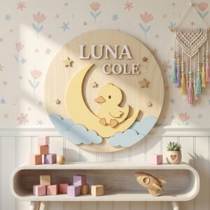 Personalized Wooden Name Sign For Nursery, Baby Shower Gifts, Newborn Keepsake, Custom Duck Moon Stars Wood Wall Decor For Baby Girl Nursery, Wall Art