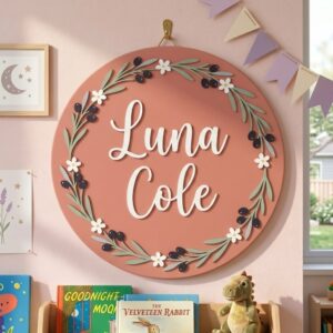Personalized Wooden Name Sign For Nursery, Baby Shower Gifts, Newborn Keepsake, Custom Olive Wreath Daisies Wood Wall Decor For Kids Room Sign