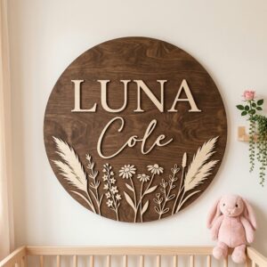 Personalized Wooden Name Sign For Nursery, Baby Shower Gifts, Newborn Keepsake, Custom Pampas Daisy Floral Wood Wall Decor For Baby Girl Nursery
