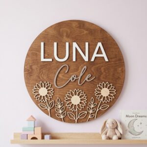 Personalized Wooden Name Sign For Nursery, Baby Shower Gifts, Newborn Keepsake, Sunflower Floral Dark Wood Wall Decor Kids Room Custom Art Plaque
