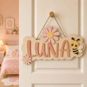 Personalized Wooden Name Sign For Nursery, Baby Shower Gifts, Newborn Keepsake, Bee Flower Nursery Decor, Custom Cloud Door Plaque For Kids Room Gifts