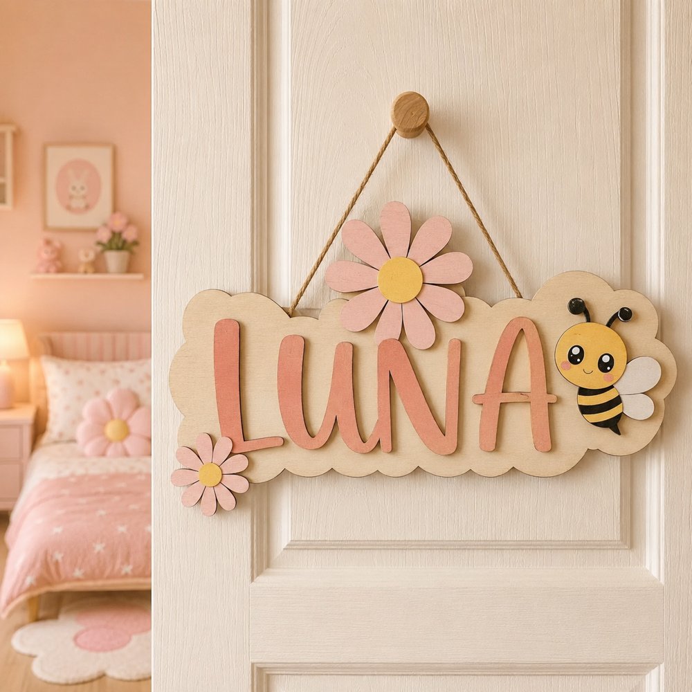 Personalized Wooden Name Sign For Nursery, Baby Shower Gifts, Newborn Keepsake, Bee Flower Nursery Decor, Custom Cloud Door Plaque For Kids Room Gifts