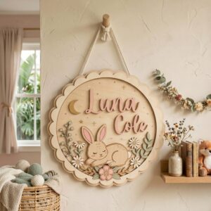 Personalized Wooden Name Sign For Nursery, Baby Shower Gifts, Newborn Keepsake, Custom Sleeping Bunny Floral Wood Wall Decor For Baby Girl Room Plaque