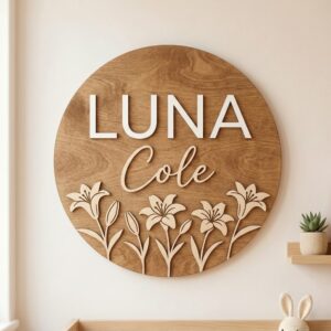 Personalized Wooden Name Sign For Nursery, Baby Shower Gifts, Newborn Keepsake, Lily Floral Dark Wood Wall Decor Kids Room Custom Plaque Gifts