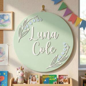 Personalized Wooden Name Sign For Nursery, Baby Shower Gifts, Newborn Keepsake, Custom Lily Of The Valley Wood Wall Decor For Baby Girl Nursery