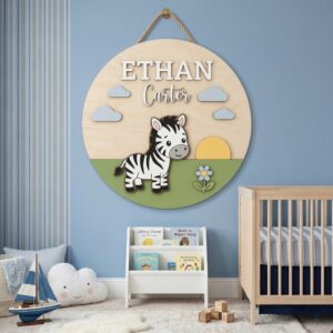 Personalized Wooden Name Sign For Nursery, Baby Shower Gifts, Newborn Keepsake, Zebra Safari Round Wall Decor Baby Room Custom Wood Plaque Gifts