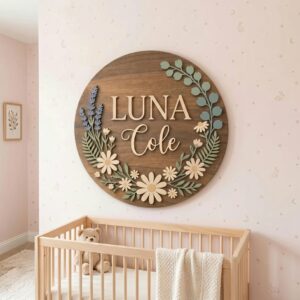 Personalized Wooden Name Sign For Nursery, Baby Shower Gifts, Newborn Keepsake, Custom Eucalyptus Daisy Floral Wood Wall Decor For Baby Girl Room Sign