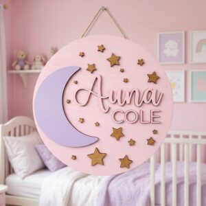 Personalized Wooden Name Sign For Nursery, Baby Shower Gifts, Newborn Keepsake, Custom Purple Crescent Moon Wood Wall Decor For Baby Girl Nursery Sign