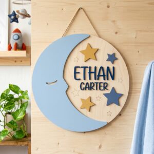 Personalized Wooden Name Sign For Nursery, Baby Shower Gifts, Newborn Keepsake, Custom Blue Moon Stars Wood Wall Decor For Baby Boy Nursery, Wall Sign