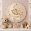 Personalized Wooden Name Sign For Nursery, Baby Shower Gifts, Newborn Keepsake, Custom Sleeping Kitten Moon Wood Wall Decor For Baby Girl Room
