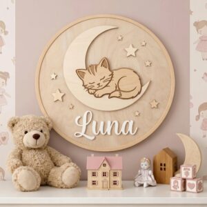 Personalized Wooden Name Sign For Nursery, Baby Shower Gifts, Newborn Keepsake, Custom Sleeping Kitten Moon Wood Wall Decor For Baby Girl Room