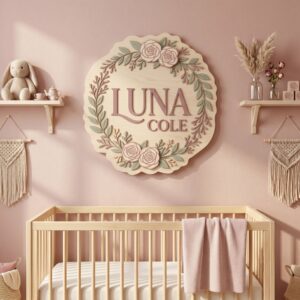 Personalized Wooden Name Sign For Nursery, Baby Shower Gifts, Newborn Keepsake, Floral Rose Scalloped Wall Decor Kids Room Plaque Custom Gifts