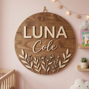 Personalized Wooden Name Sign For Nursery, Baby Shower Gifts, Newborn Keepsake, Custom Wildflower Botanical Wood Wall Decor For Baby Girl Nursery Sign