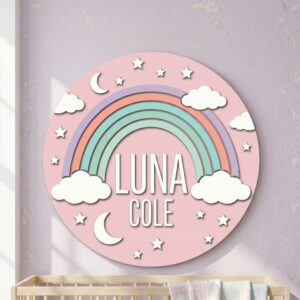 Personalized Wooden Name Sign For Nursery, Baby Shower Gifts, Newborn Keepsake, Custom Rainbow Clouds Moon Stars Wood Wall Decor For Kids Room