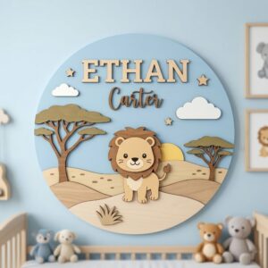 Personalized Wooden Name Sign For Nursery, Baby Shower Gifts, Newborn Keepsake, Lion Safari Round Wall Decor Baby Boy Room Custom Wood Plaque Gifts