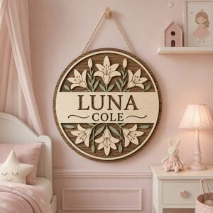 Personalized Wooden Name Sign For Nursery, Custom Cream Lily Wood Wall Decor For Kids Room, Baby Shower Gifts, Newborn Keepsake