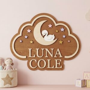 Personalized Wooden Name Sign For Nursery, Baby Shower Gifts, Newborn Keepsake, Custom Swan Moon Cloud Wood Wall Decor For Baby Girl Nursery, Wall Art