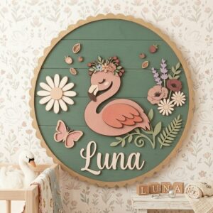 Personalized Wooden Name Sign For Nursery, Custom Flamingo Wooden Wall Sign With Tropical Flowers, Sign Kid Room, Baby Shower Gifts