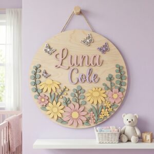 Personalized Wooden Name Sign For Nursery, Baby Shower Gifts, Newborn Keepsake, Custom Daisy Butterfly Floral Wood Wall Decor For Baby Girl Room