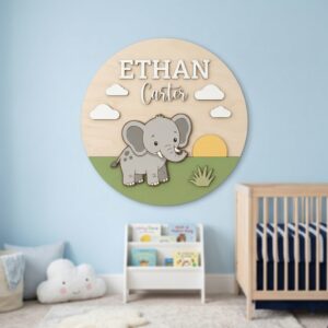 Personalized Wooden Name Sign For Nursery, Baby Shower Gifts, Newborn Keepsake, Elephant Safari Round Wall Decor Baby Room Custom Plaque Sign Gifts
