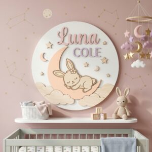 Personalized Wooden Name Sign For Nursery, Baby Shower Gifts, Newborn Keepsake, Custom Sleeping Bunny Moon Stars Wood Wall Decor For Kids Room