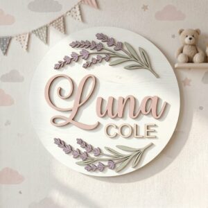 Personalized Wooden Name Sign For Nursery, Baby Shower Gifts, Newborn Keepsake, Lavender Floral Round Wall Decor Baby Girl Room Custom Plaque Wall Art