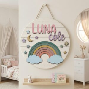 Personalized Wooden Name Sign For Nursery, Custom Rainbow Cloud Wooden Wall Sign With Moon Stars, Baby Shower Gifts