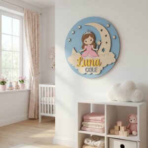 Personalized Wooden Name Sign For Nursery, Baby Shower Gifts, Newborn Keepsake, Custom Princess Moon Cloud Wood Wall Decor For Baby Girl Nursery