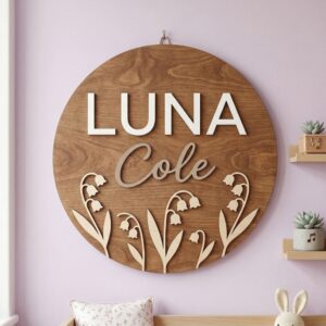 Personalized Wooden Name Sign For Nursery, Baby Shower Gifts, Newborn Keepsake, Custom Lily Of The Valley Wood Wall Decor For Baby Girl Nursery Plaque